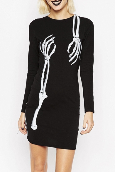 Skeleton Print Round Neck Long Sleeve Bodycon Mini Dress