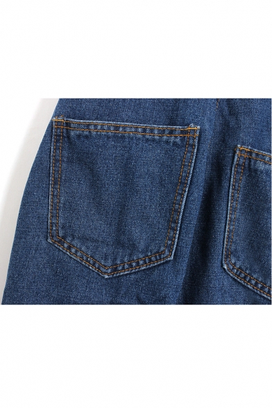 Three Buttons Side Pocket Detail Plain Loose Overall Jeans