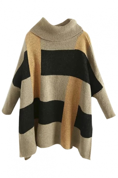 Turtleneck Batwing Sleeve Color Block Plaid Split Side Sweater