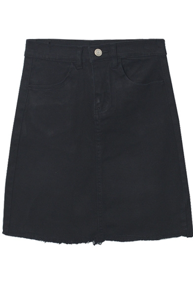 Zipper Fly Plain A-Line Double Pockets Raw Edge Denim Skirt
