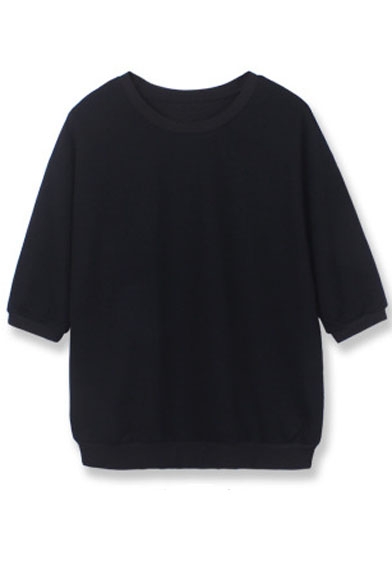 3/4 Length Sleeve Round Neck Plain Pullover Sweatshirt
