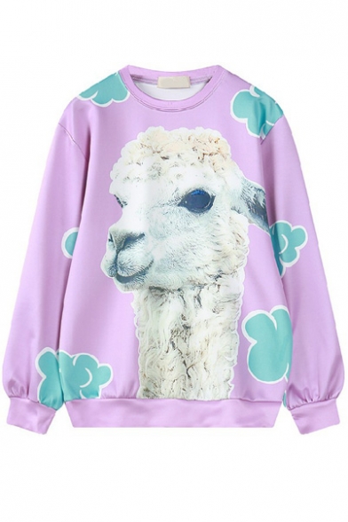 Alpaca Print Color Block Long Sleeve Loose Pullover Sweatshirt