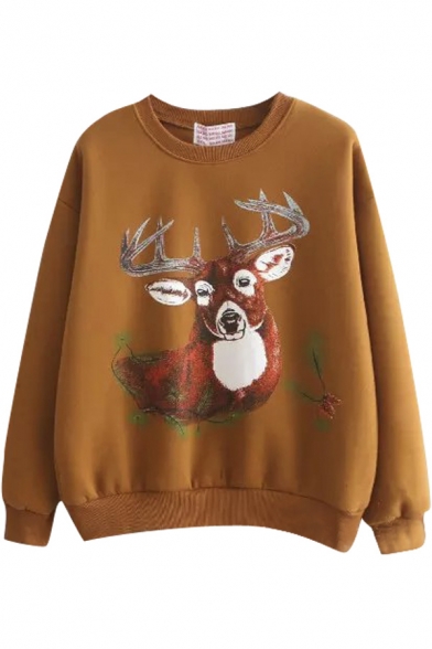 Christmas Cute Deer Print Long Sleeve Fleece Sweatshirt