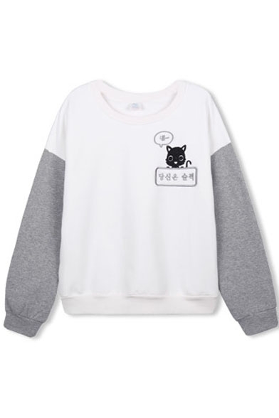 Color Block Cat Cartoon Print Long Sleeve Sweatshirt