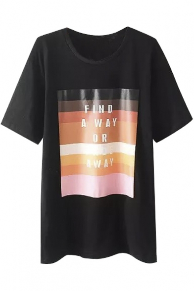 Color Block Letter Print Round Neck Short Sleeve Tee
