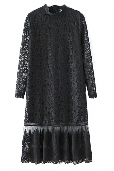 High Neck Long Sleeve Patchwork Lace Maxi Dress