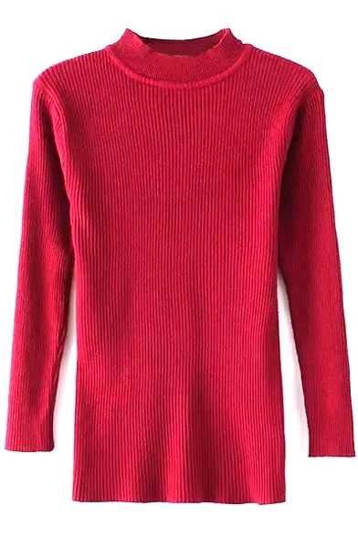 High Neck Slim Plain Long Sleeve Sweater