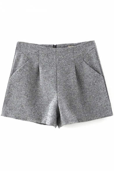 High Waist Gray Plain Double Pockets Loose Tweed Shorts