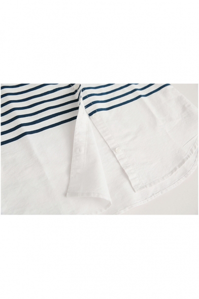 Lapel Stripes Button Down Long Sleeve Curved Hem Shirt