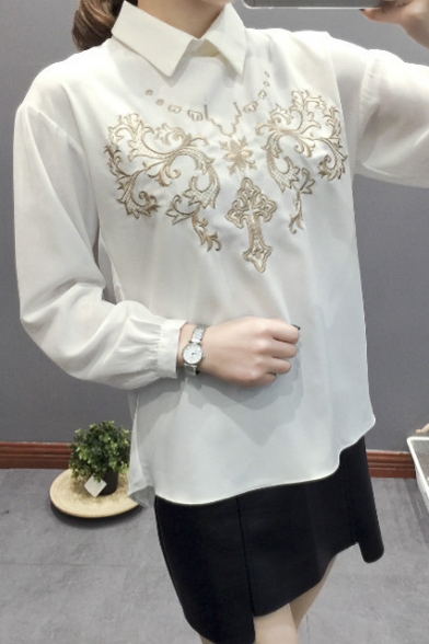 Lapel Totem Embroidery Dip Hem Long Sleeve Chiffon Blouse ...