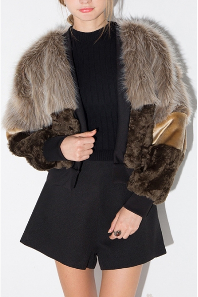 Luxury Faux Fur Patchwork Color Block Cropped Coat