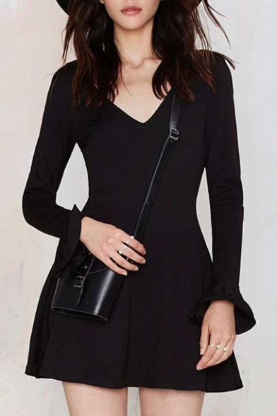 Plain V-Neck Ruffle Cuff A-Line Black Mini Dress