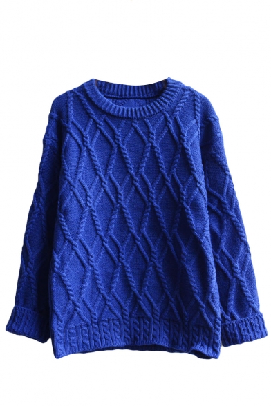 Round Neck Plain Rhombus Knit Long Sleeve Sweater