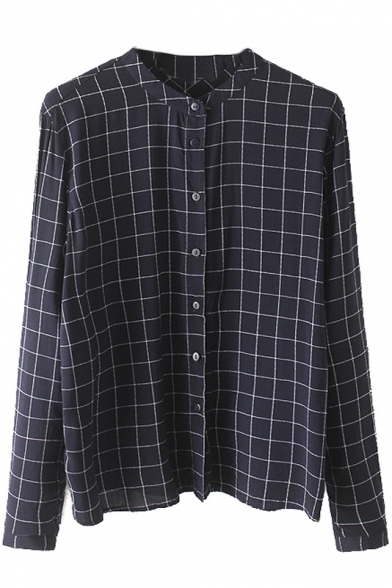 Stand Up Neck Plaid Button Down Long Sleeve Loose Shirt