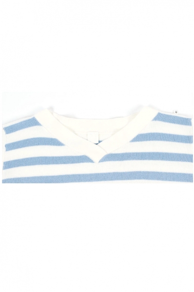 V-Neck Long Sleeve Stripes Color Block Sweater