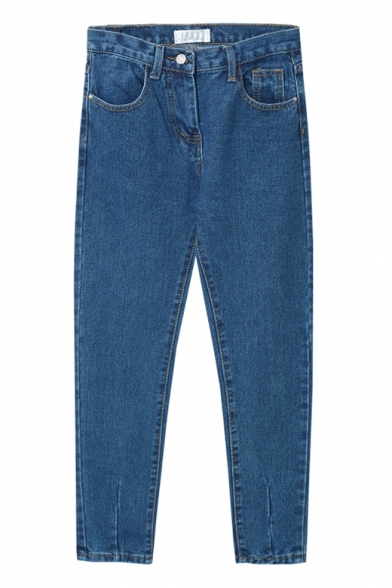 Zipper Fly Loose Tapered Plain High Waist Jeans