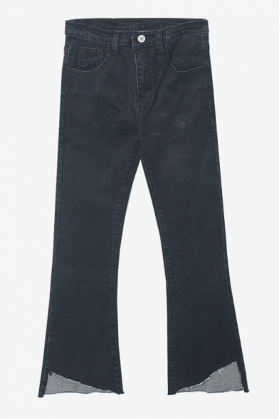 Black Asymmetrical Hem Loose Flare Zipper Fly Jeans