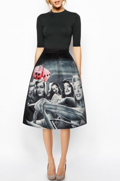 Black High Waist A-Line Beautiful Girls Print Skirt