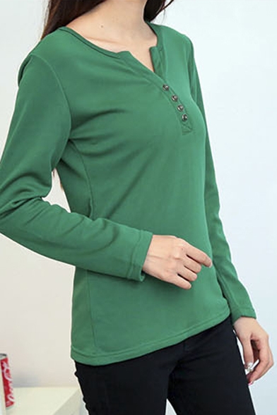 Button Detail Front Long Sleeve V-Neck Plain Tee
