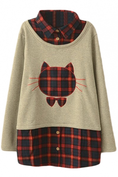 Cat Embroidery Plaid Detail Lapel False Two-Piece Sweatshirt