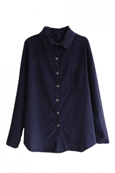Plain Corduroy Long Sleeve Single Pocket Shirt