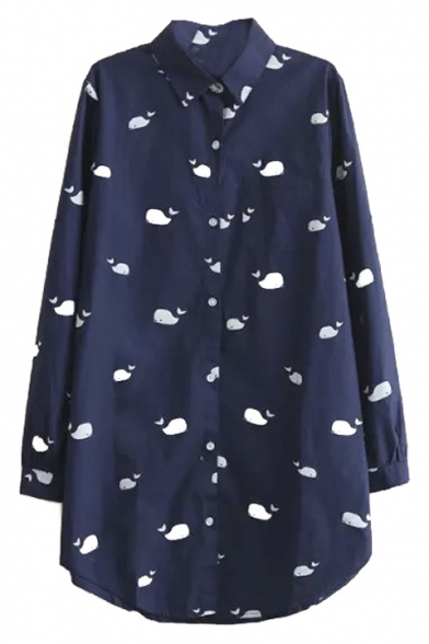 Repeated Whale Print Button Down Lapel Long Sleeve Tunic Shirt