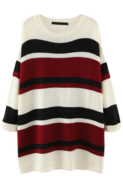 Round Neck Batwing Color Block Stripes Long Sweater