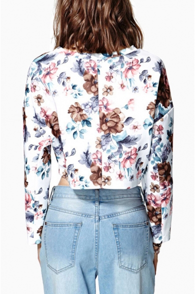 Round Neck Long Sleeve Floral Print Cropped Pullover Sweatshirt