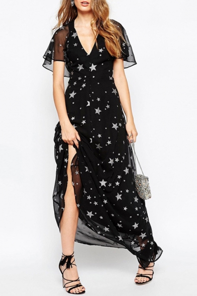 Ruffle Short Sleeve Star Print V-Neck Chiffon Maxi Dress