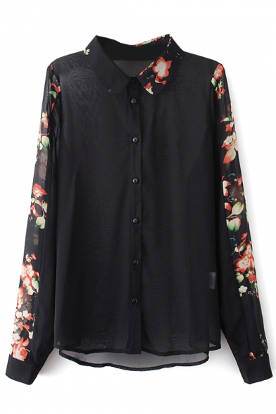 Black Floral Print Button Down Chiffon Shirt