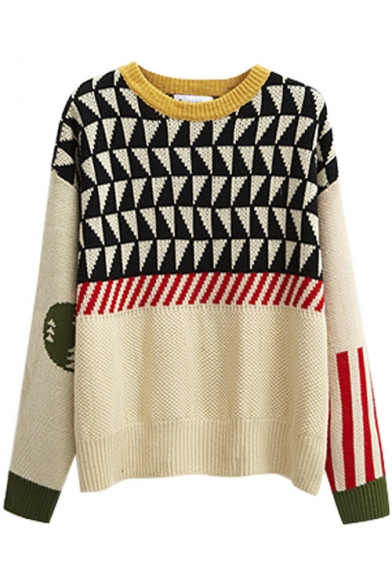 Contrast Neck Geometric Long Sleeve Pullover Sweater