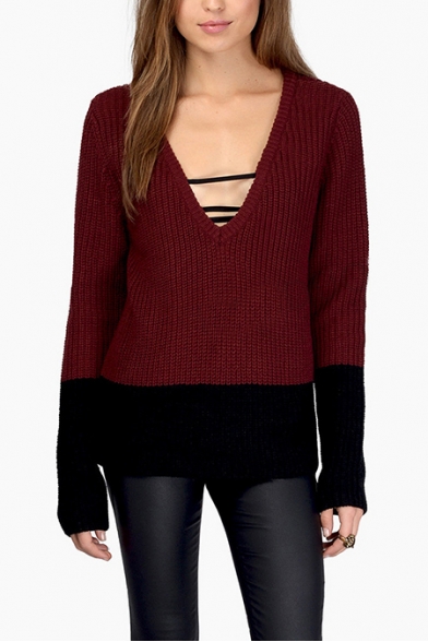Deep V-Neck Color Block Chunky Knit Long Sleeve Sweater