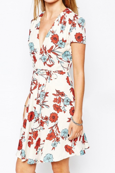 Deep V-Neck Short Sleeve Floral Print Tie Waist Mini Tea Dress