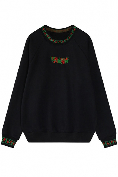 Floral Embroidery Long Sleeve Fleece Round Neck Sweatshirt