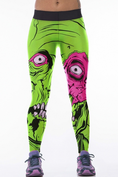 Green Horror Monster Print Elastic Waist Yoga Leggings