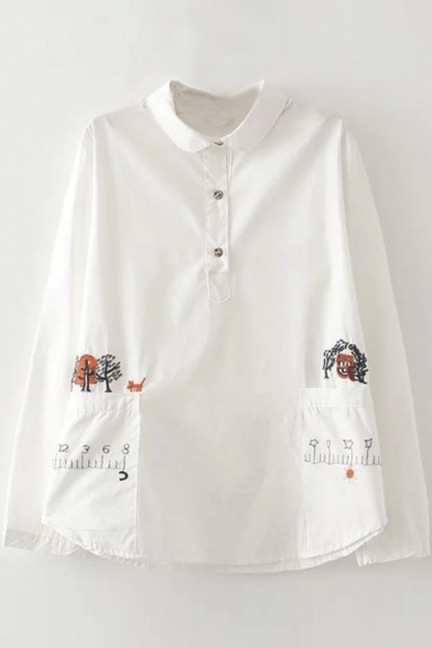 Lapel Cartoon Embroidery White Long Sleeve Double Pockets Blouse