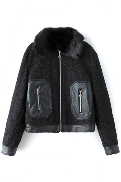 Plain Fur Lapel PU Patchwork Zipper Wool Coat