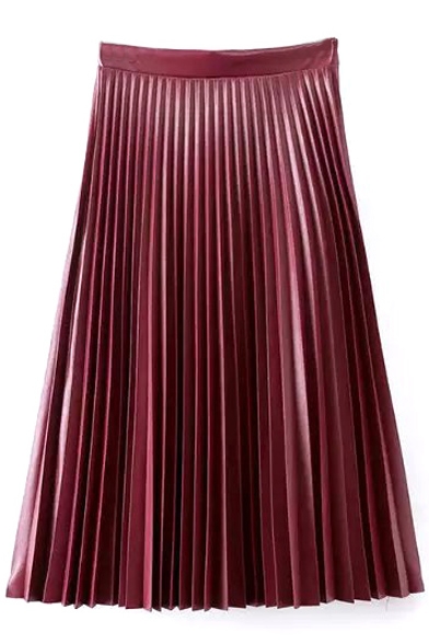 Plain High Waist Pleated A-Line Maxi PU Skirt