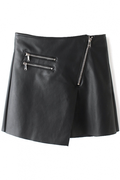 Plain Zipper Pocket Detail Asymmetrical Hem PU Bodycon Skirt