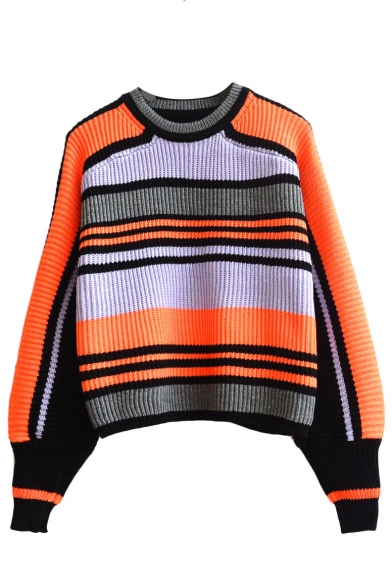 Round Neck Color Block Stripes Long Sleeve Sweater