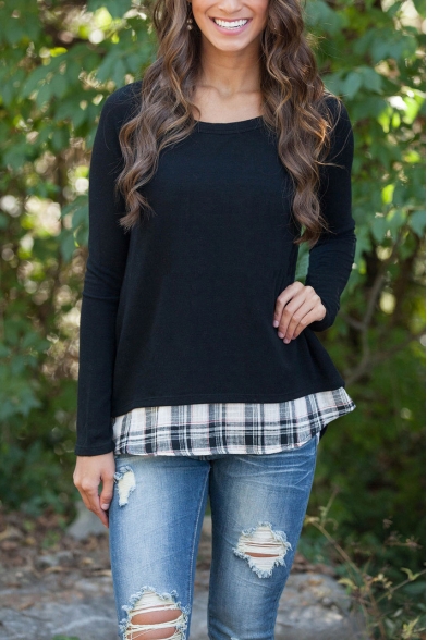 Round Neck Plaid Patchwork Long Sleeve Loose Tee