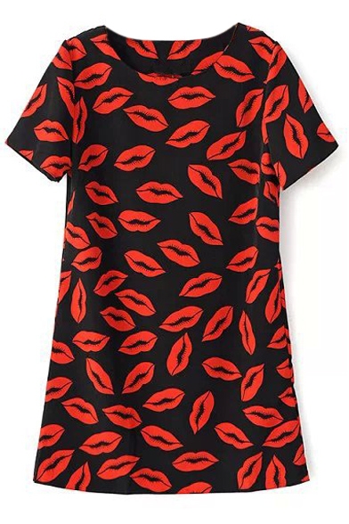 Round Neck Red Lips Print Short Sleeve Shift Mini Dress