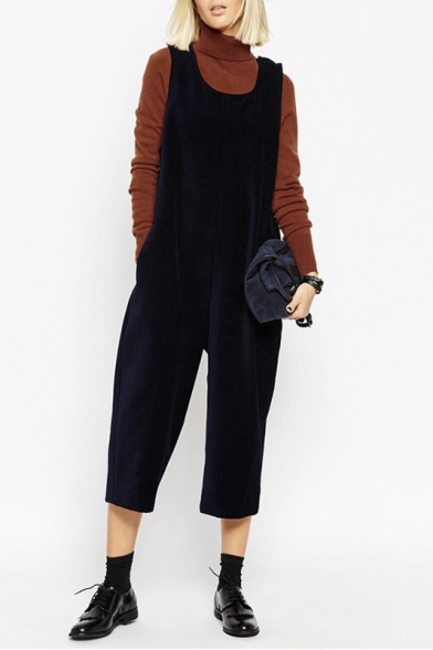 Scoop Neck Plain Double Pockets Cropped Overall Pants