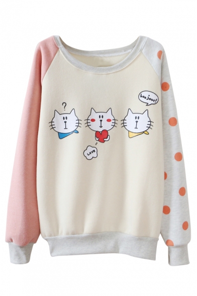 Cartoon Cat Print Polka Dot Color Block Raglan Sleeve Sweatshirt