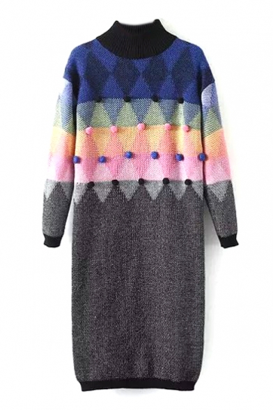 High neck Pom Pom Detail Geometric Color Block Knit Dress