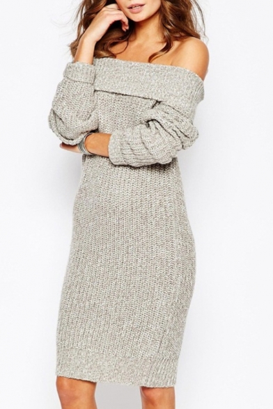 Plain Off The Shoulder Long Sleeve Midi Knit Dress
