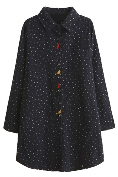 Polka Dot Cartoon Embroidery Loose Button Down Shirt Dress