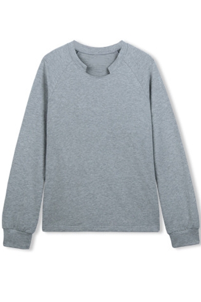 Raglan Long Sleeve Notched Neck Plain Pullover Sweatshirt