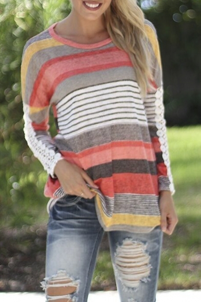 Round Neck Long Sleeve Colored Stripes Lace Patchwork Tee