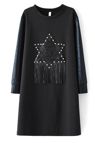 Star Patchwork Rivet & Tassel Detail Shift Midi Black Dress